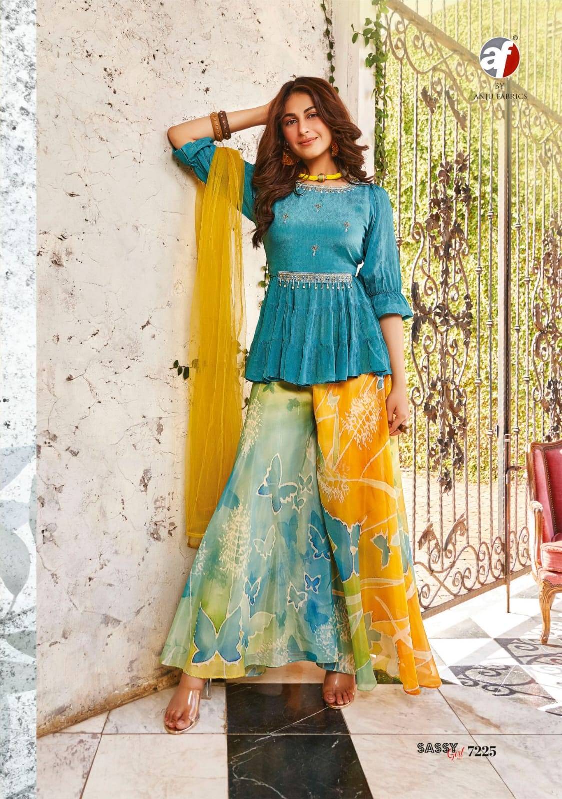 Sassy girl vol-3 by Anu fabrics 7221 TO 7226 SERIES Indian PURE CHINON CHIFFON party wear designer kurti with palazo At Wholesale Price